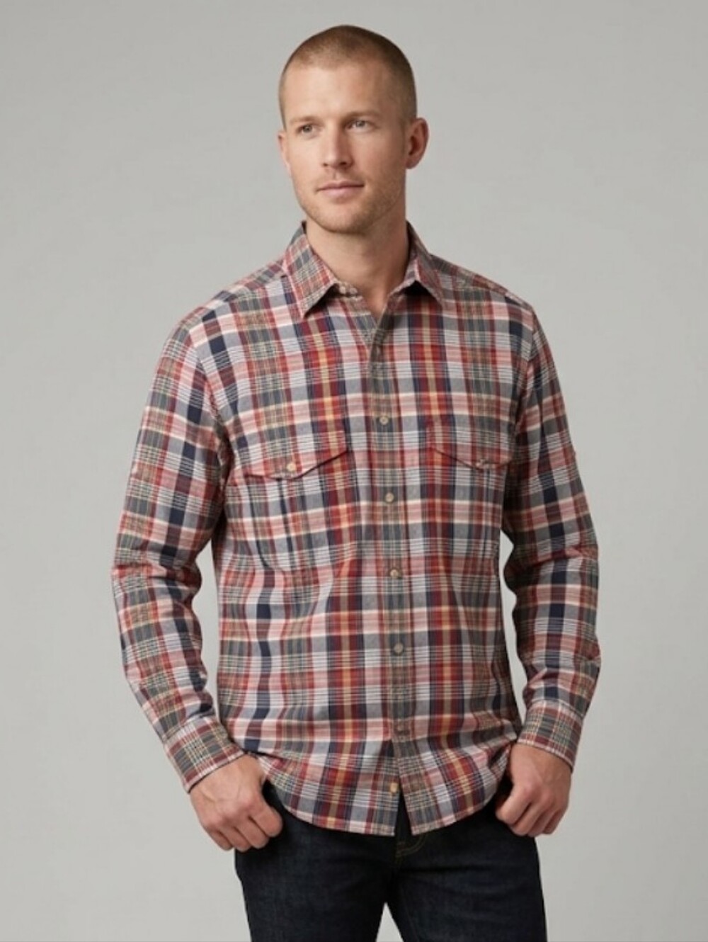 Willis & Geiger Red Navy Plaid Men's Button-Down Long Sleeve Shirt Size Medium